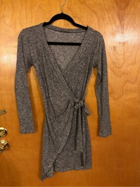 Mind Code Heather Gray Wrap Tie Long-Sleeve Dress
